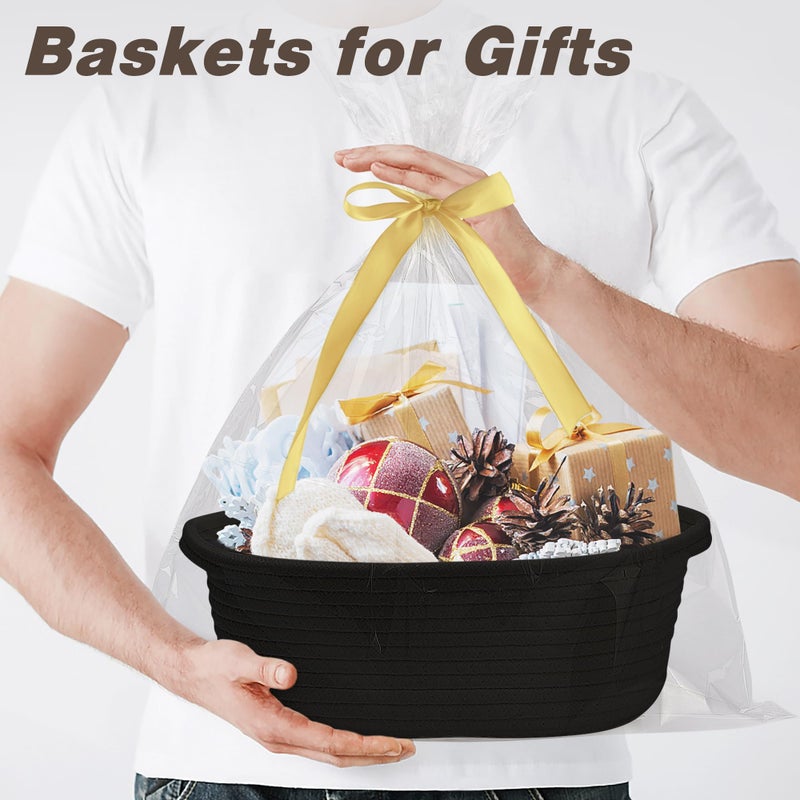 Pro Goleem Small Woven Basket with Gift Bags and Ribbons Durable Baskets for Gifts Empty Small Rope Basket for Storage 12""X 8"" X 5"" Baby Toy Basket with Handles  Black - Image 2